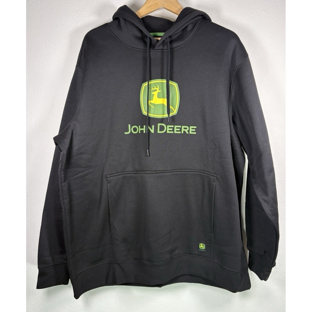 John Deere Hoodie Mens Sweatshirt 2XL Black Core Logo Pullover Farm Chores Ranch